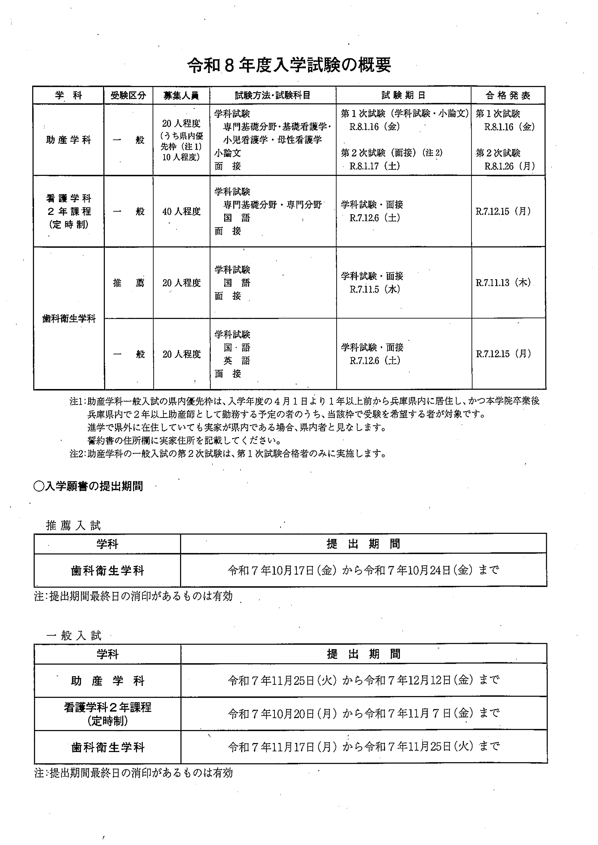 （助産学科・看護学科・歯科衛生学科）令和8年度入学試験の概要